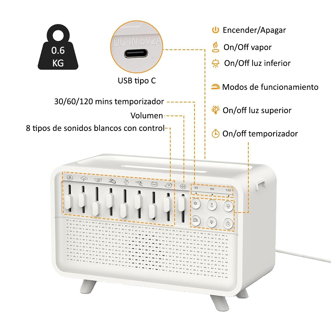 Humidificador con 8 sonidos naturales, bluetooth, luz ambiental y aroma.