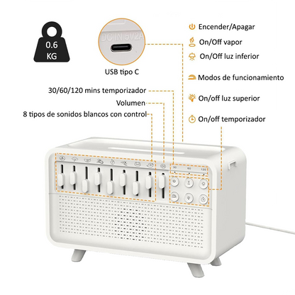 Humidificador con 8 sonidos naturales, bluetooth, luz ambiental y aroma.