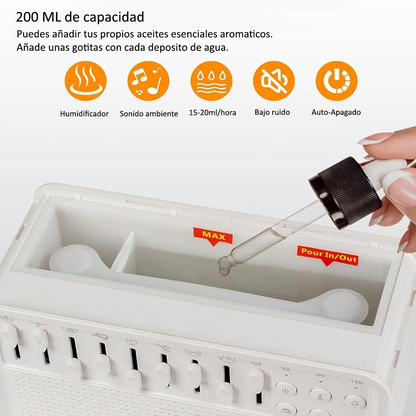 Humidificador con 8 sonidos naturales, bluetooth, luz ambiental y aroma.