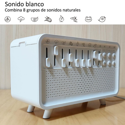 Humidificador con 8 sonidos naturales, bluetooth, luz ambiental y aroma.